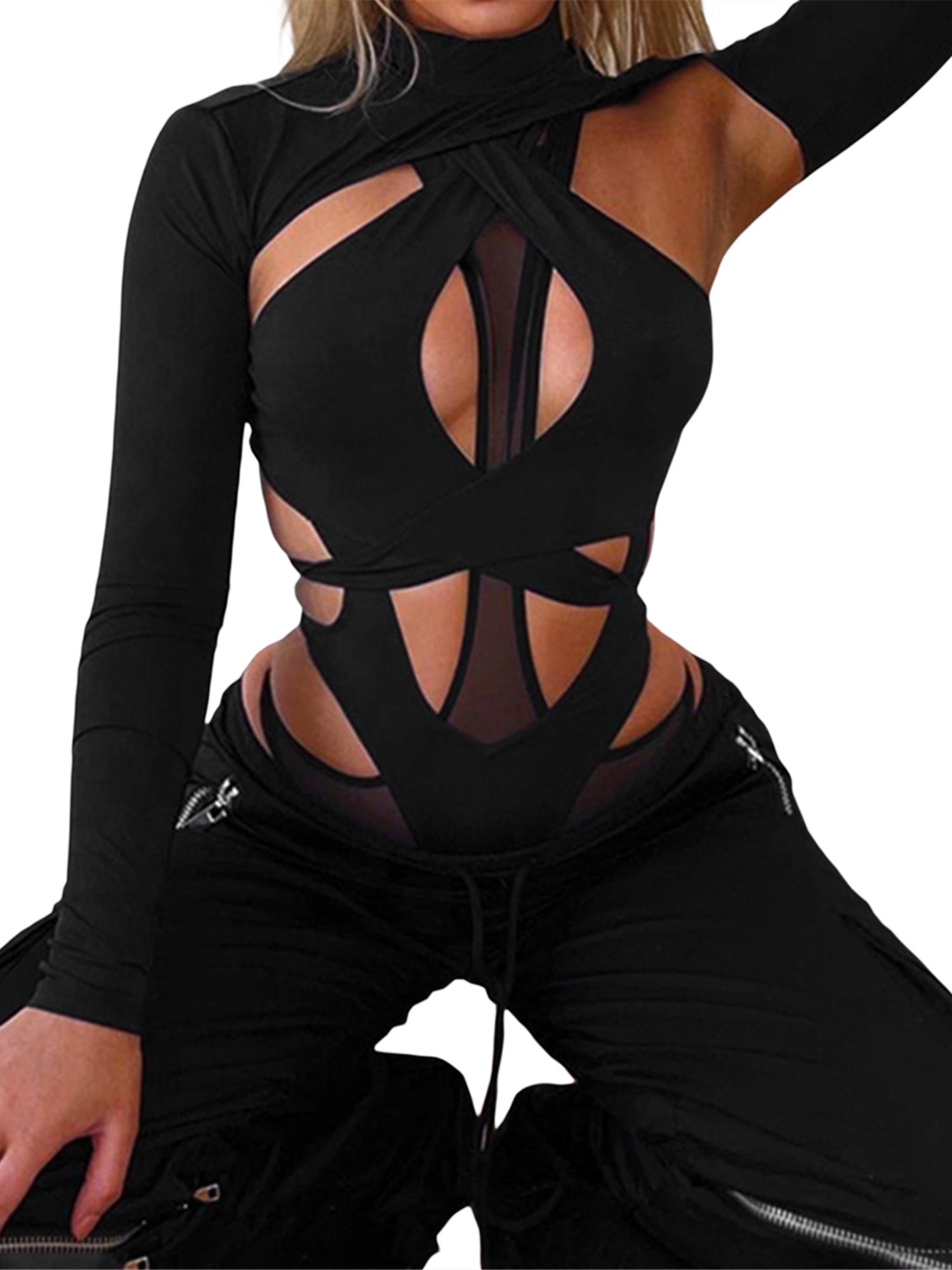 1pc Elegant Women'S One-Piece Jumpsuit - High Neck Long Sleeve Bodysuit with Sheer Mesh and Irregular Cutouts, Sexy Solid Color Polyester Party Clubwear for Adults